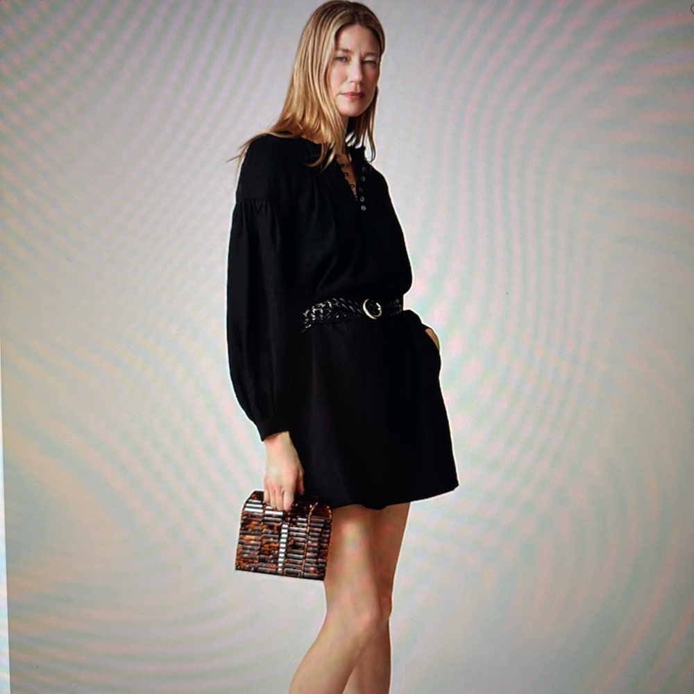 NWT : J.Crew Linen Gathered Popover Dress : Black : Small (Fits like a Medium)